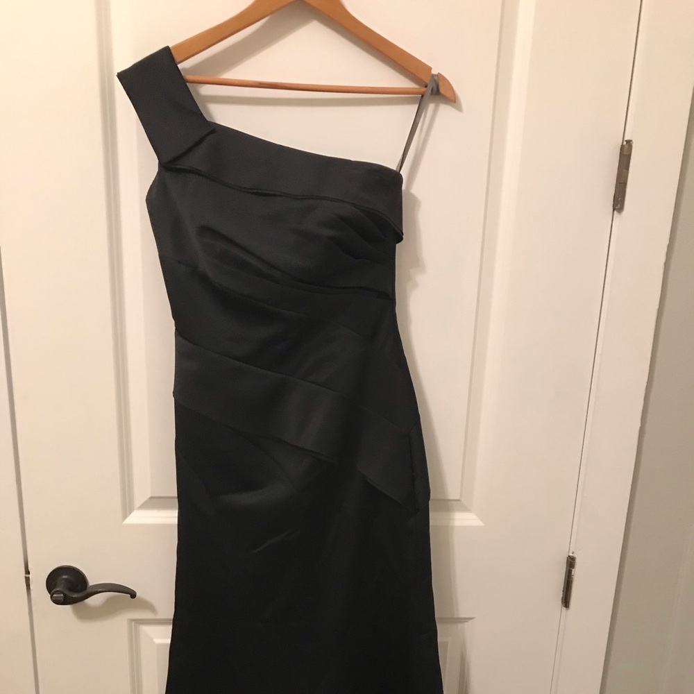 Black satin one shoulder formal gown
